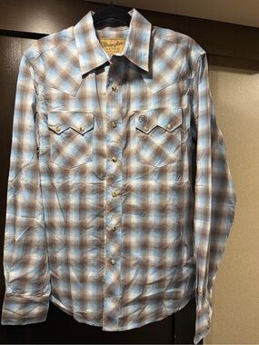Wrangler Retro Light Blue & Brown Plaid Western Shirt